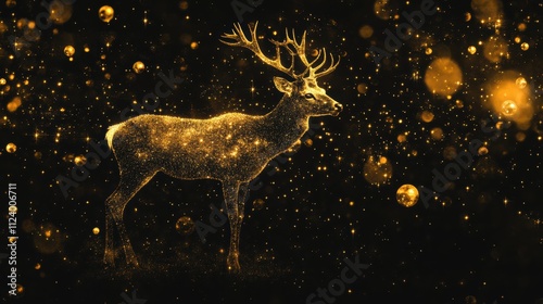 A striking design featuring a deer with glistening golden accents, framed by abstract celestial motifs of radiant orbs, displayed against a deep black surface with an ethereal shine photo