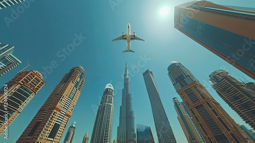 Airplane Flying Over Dubai's Iconic Skyscrapers Under a Bright Sunny Sky