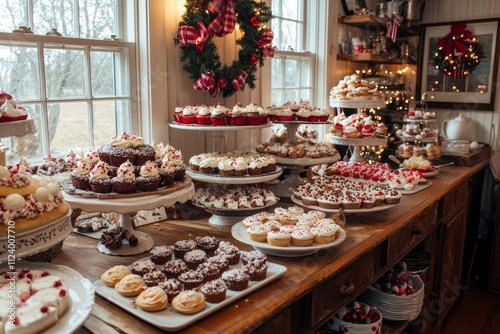 A holiday baking contest in a home kitchen, with several cakes and cookies on display. The counters are crowded photo