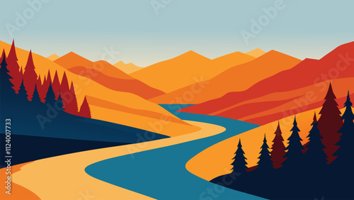 River meanders through a vibrant forest adorned with autumn hues of orange, red, and yellow leaves flat vector illustration natural background.e