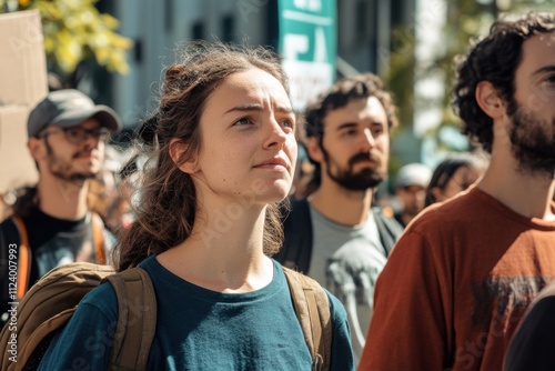 A group of activists marching in a city protest for environmental sustainability, Advocacy scene, Documentary style photo