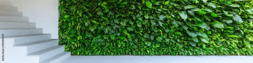Obraz premium 2409_100 A tranquil natural scene with clean space above, overlooking a serene setting featuring vertical garden, with an open space nestled amidst living wall, set against a urban greenery backdrop,