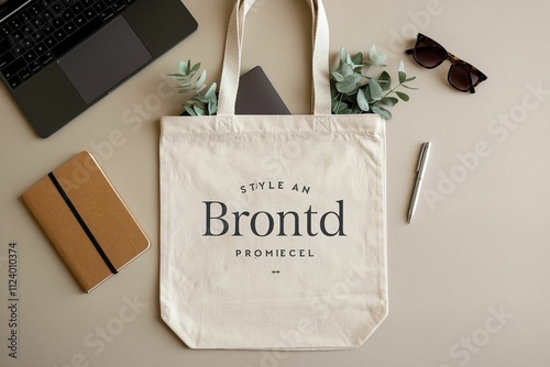 Flat-Lay Tote Bag with Office Items