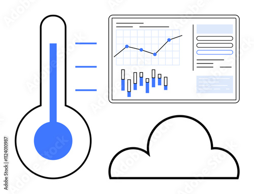 Temperature gauge icon, cloud shape, and analytics dashboard with graphs and charts. Ideal for technology, climate monitoring, data analysis, cloud computing, weather forecasting, smart tech photo