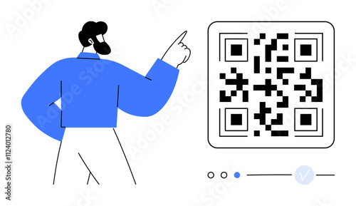 Man with beard and blue shirt pointing at large QR code with navigation dots indicating selection. Ideal for tech tutorials, mobile payment, marketing, app guides, user experience design, digital