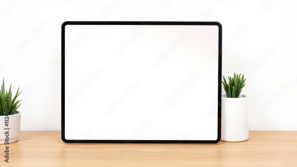 Fototapeta premium Modern Workspace with Blank Tablet and Plants - Ideal for Mockups and Presentations