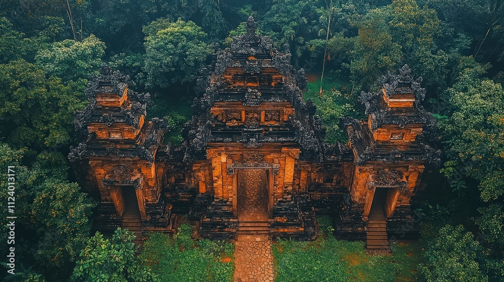 Fototapeta premium Aerial view of an ancient temple surrounded by lush greenery, showcasing historical architecture.
