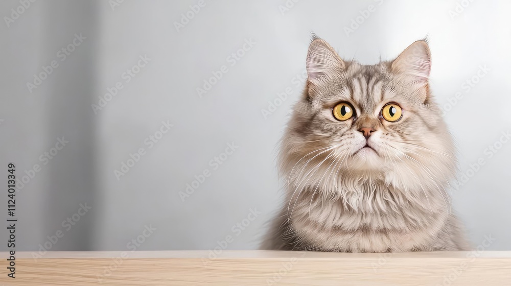 A curious grey cat with bright yellow eyes peeking over a wooden surface. A curious grey cat with bright yellow eyes peeking over a wooden surface.