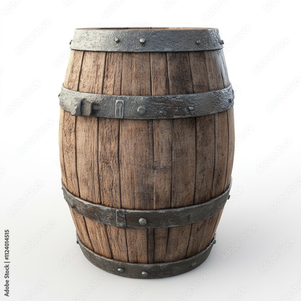 Obraz premium Wooden barrel, metal bands, aged, rustic.