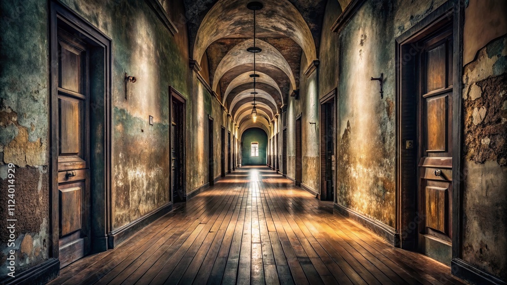 Fototapeta premium A long, dimly lit corridor in an old, decaying building with wooden doors and arched ceilings