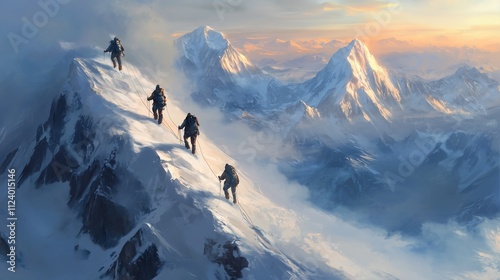 A team of mountaineers climbs a snow-covered ridge, their ropes and gear glinting in the sunlight, with the vast, breathtaking mountain range stretching beyond.