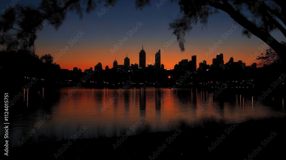 Obraz premium City skyline at sunset reflected in water, creating a serene atmosphere.