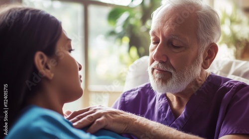 A palliative care nurse providing comfort care to a terminally ill patient in a hospice facility, with comforting environment and compassionate care, Palliative style photo