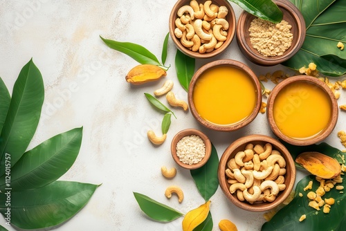 Assorted Natural Ingredients in Bowls with Fresh Cashews, Powder, and Cream Infused with Green Leaves on a Light Background