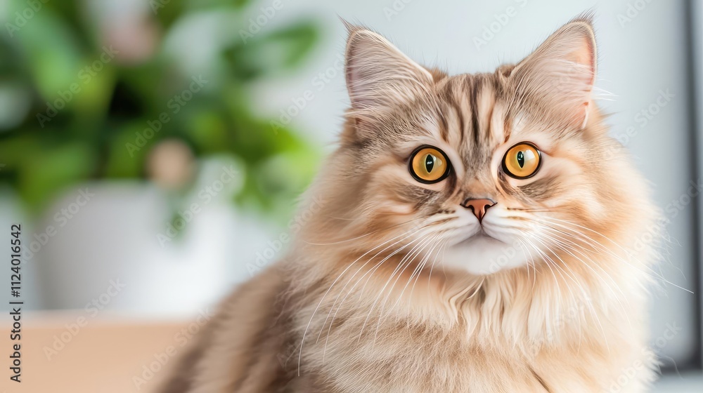 Obraz premium A close-up portrait of a fluffy domestic cat with striking golden eyes and soft fur.