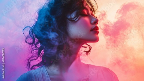 Moody portrait of a woman surrounded by colorful smoke