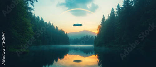 Mysterious ufo sighted over serene lake at dawn nature photography