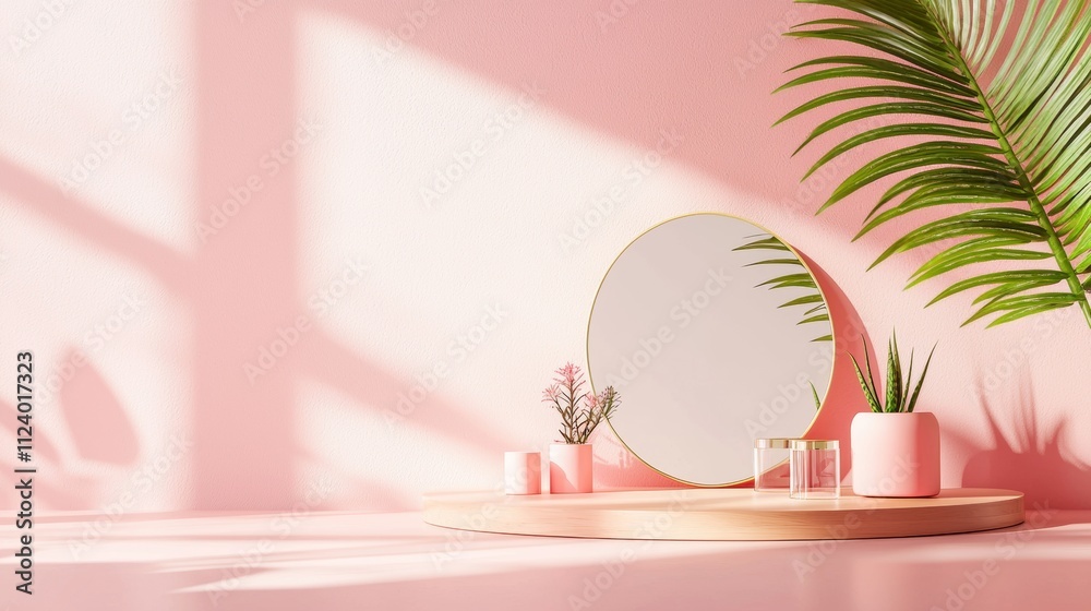 Fototapeta premium Minimalist vanity setup with natural lighting on a pink background