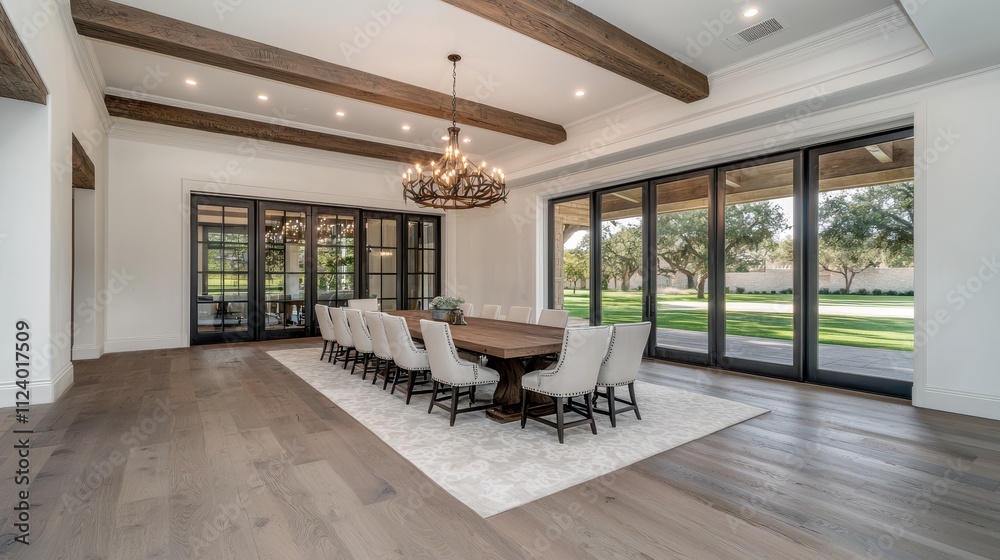 Fototapeta premium Elegant modern dining room with large table and stylish chandelier, bright windows