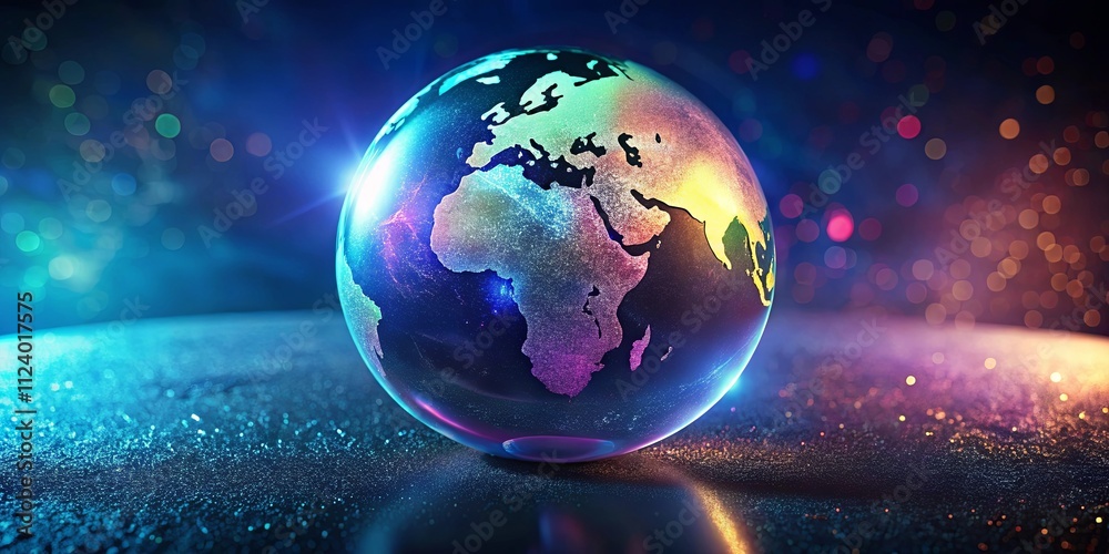 Obraz premium A shimmering globe, illuminated by vibrant cosmic dust, rests on a sparkling surface, representing global connectivity and unity