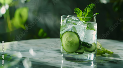 Refreshing Cucumber Mint Drink in Glass,  A Still Life Photo