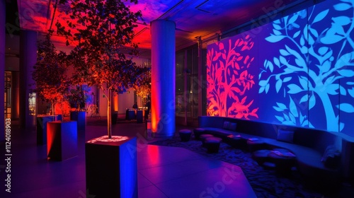 Red and blue lit event space with trees and seating. photo