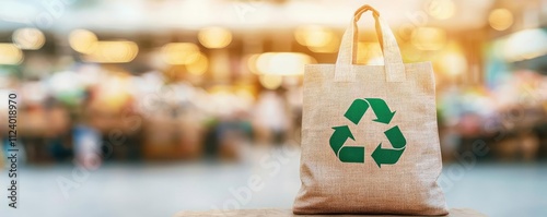 Eco-friendly shopping bag with recycling symbol in a bright market setting. photo