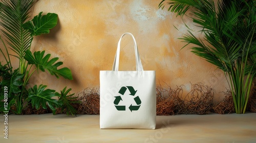 Eco-friendly tote bag featuring a recycling symbol on a natural background. photo