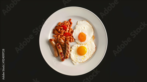 Delicious Breakfast Plate Photo: Fried Eggs, Sausages, Beans
