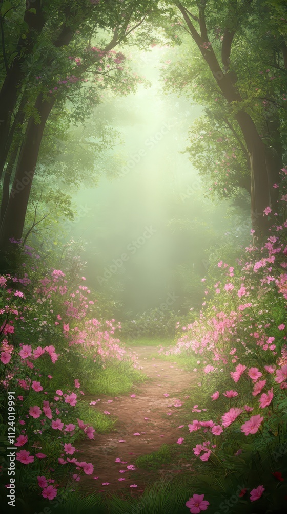 Fototapeta premium Pathway through a tranquil flower-filled forest.