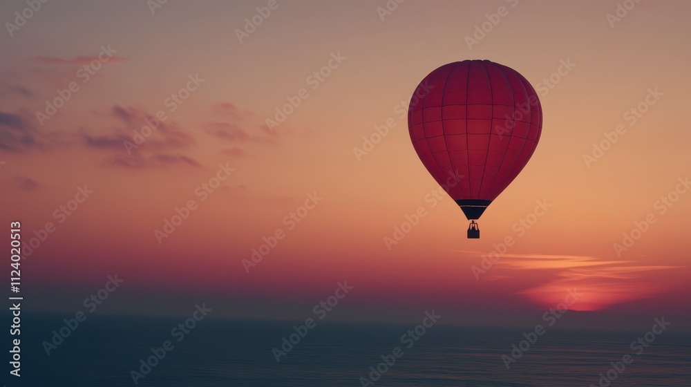 Fototapeta premium Serene Sunset Hot Air Balloon Ride Over Ocean