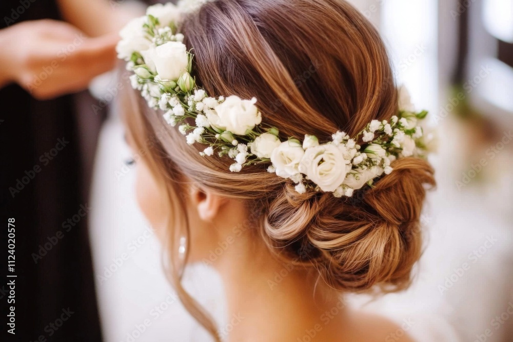 Naklejka premium Elegant wedding hairstyle featuring floral accents.