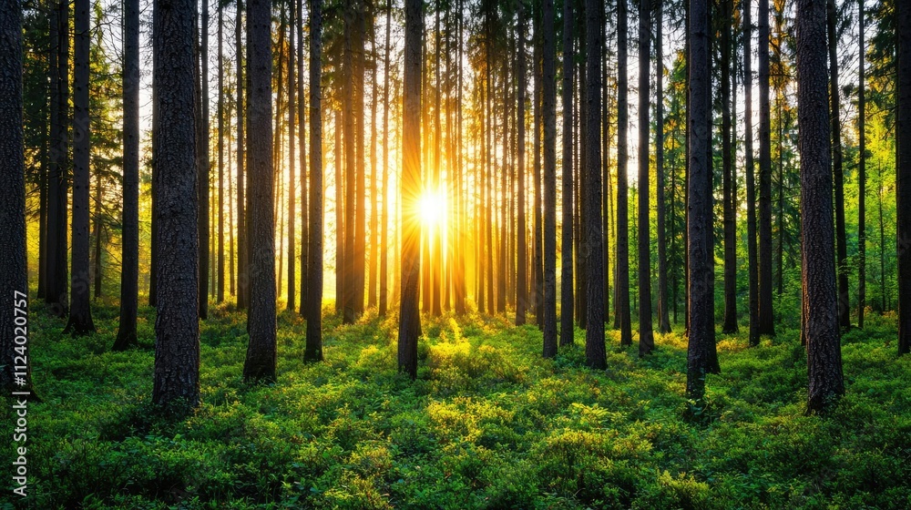 Obraz premium Sunlight filters through tall trees in a vibrant green forest, creating a calming atmosphere.
