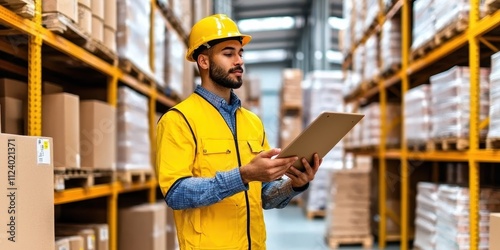 A man in a yellow vest and helmet checks inventory in a warehouse filled with boxes.
