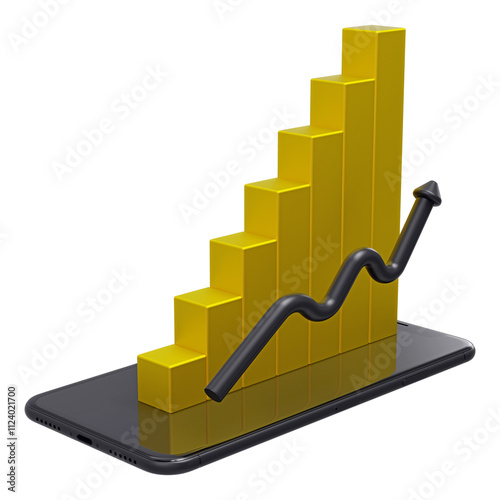 Black and golden yellow chart icon Manage money use realistic mobile phone or application, Financial investment trade Isolated transparent background, 3D illustration