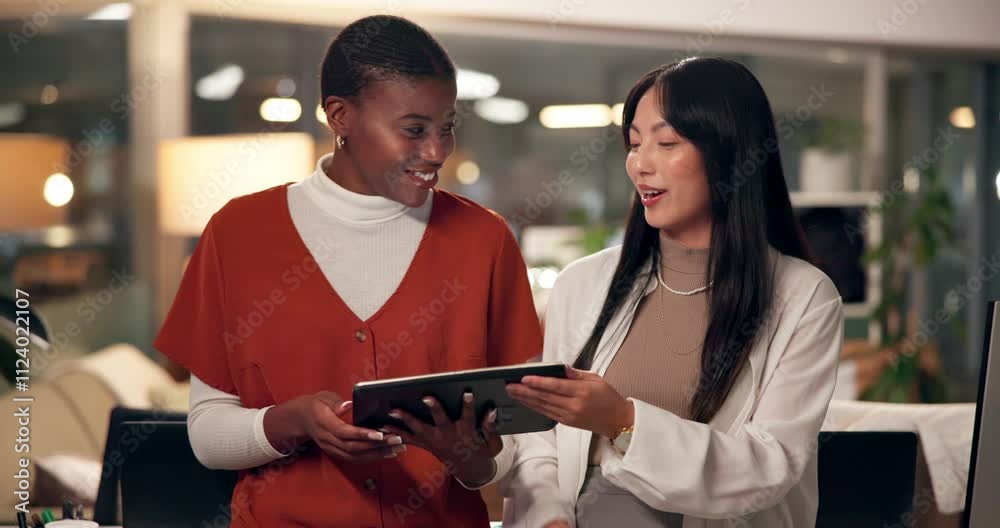 Research, people or journalists on tablet talking for teamwork, editing or creative agency for media press. Night, women or writers on blog for publication website, news article and story deadline