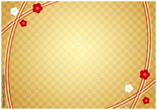 梅と水引で和柄の金屏風年賀状背景素材2