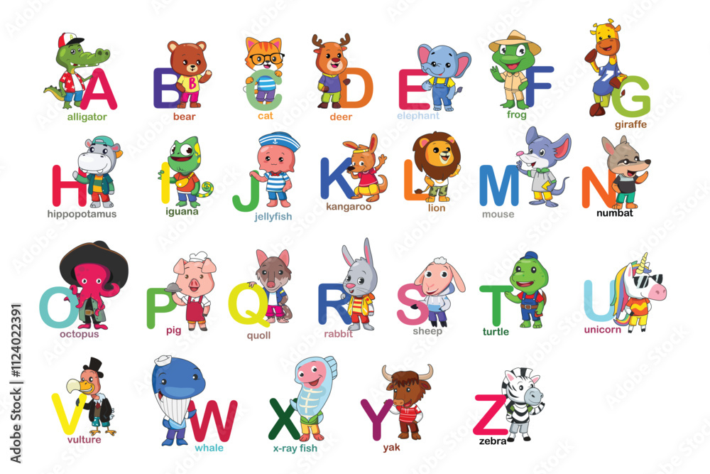 Fototapeta premium Animals Alphabet Icons Set Vector Illustration