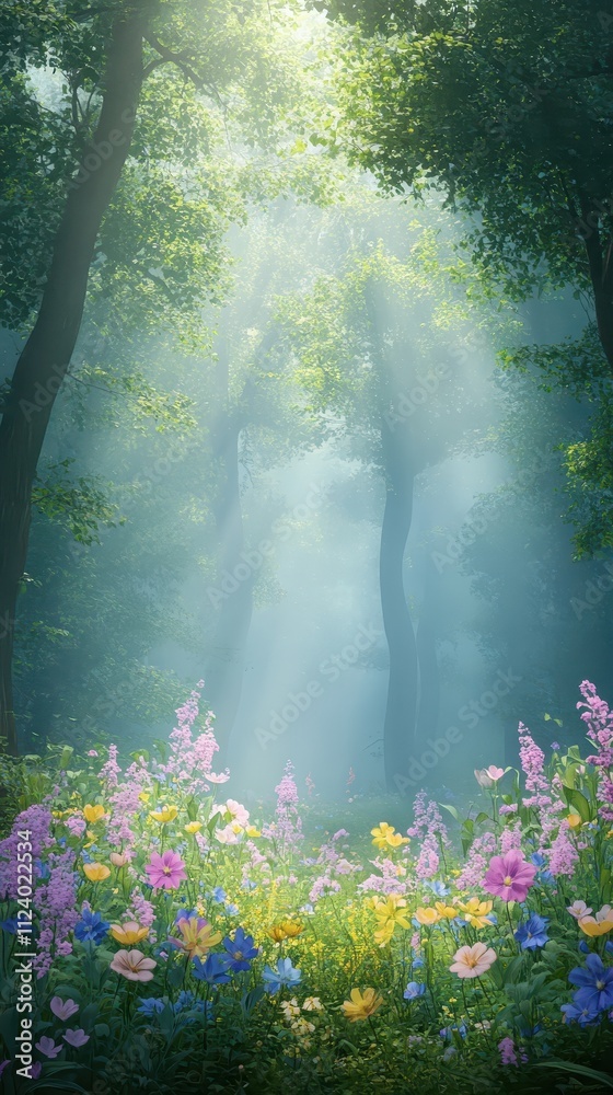 Fototapeta premium Vibrant flowers in a serene forest setting.