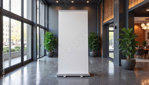 Blank roll-up banner in a bright indoor space with modern decor and potted plants photo