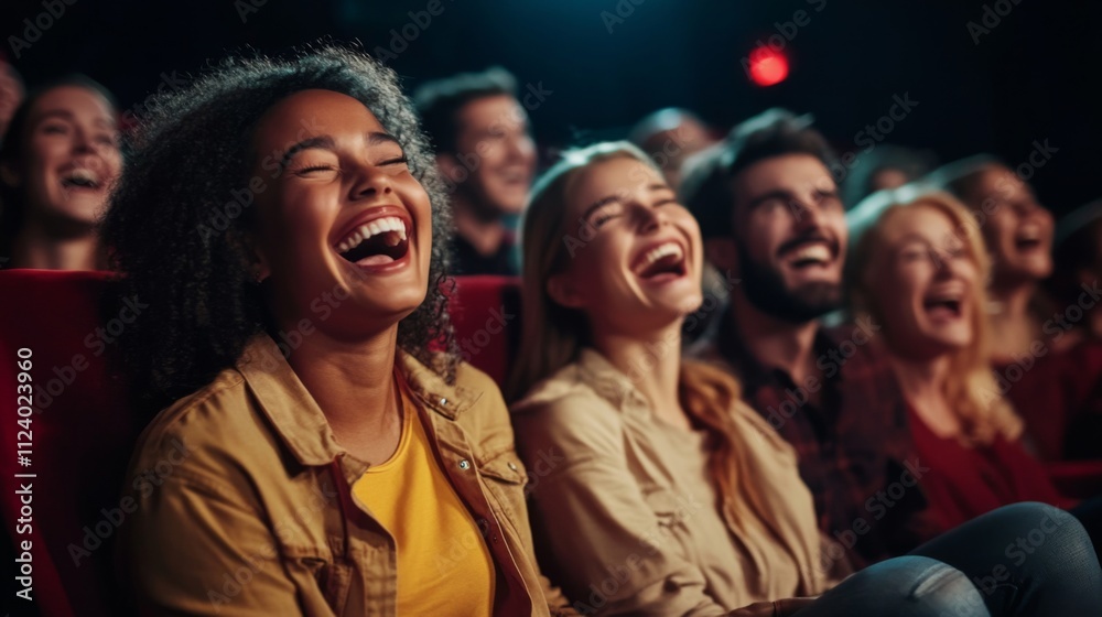 Fototapeta premium Laughter fills the room as friends share a comedy experience.