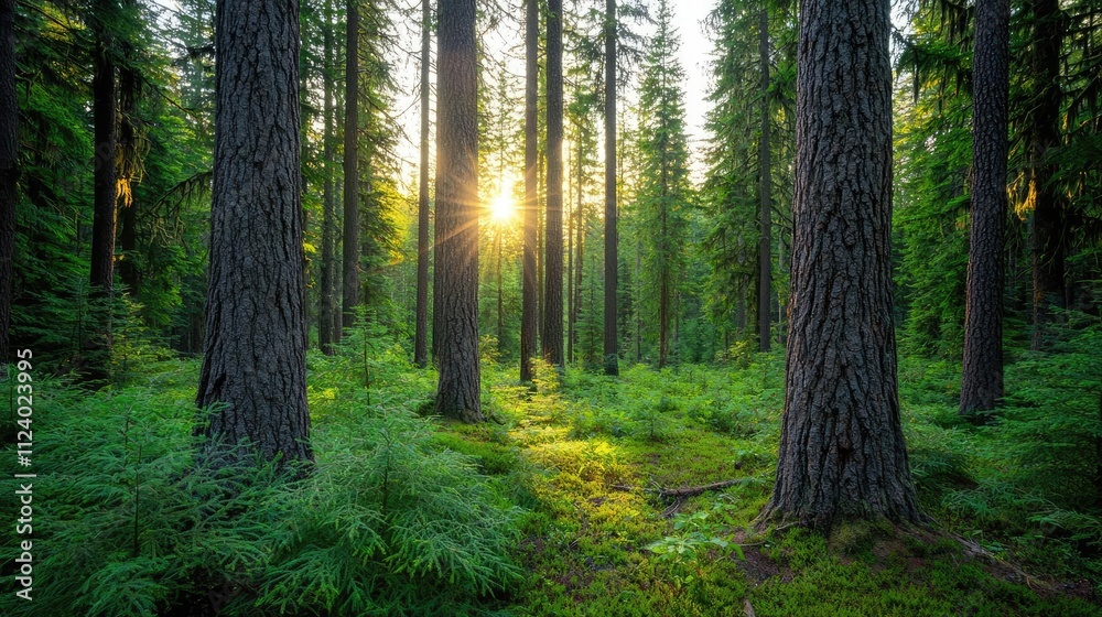 Obraz premium Sunlight filtering through tall trees in a lush green forest, creating a serene atmosphere.