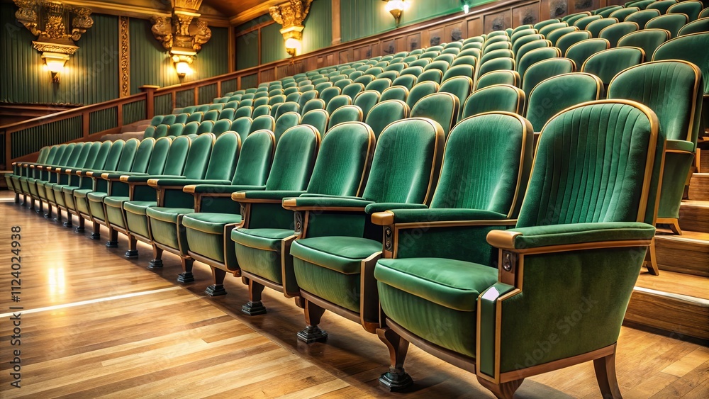 Fototapeta premium Rows of plush emerald green theater seats in a grand auditorium