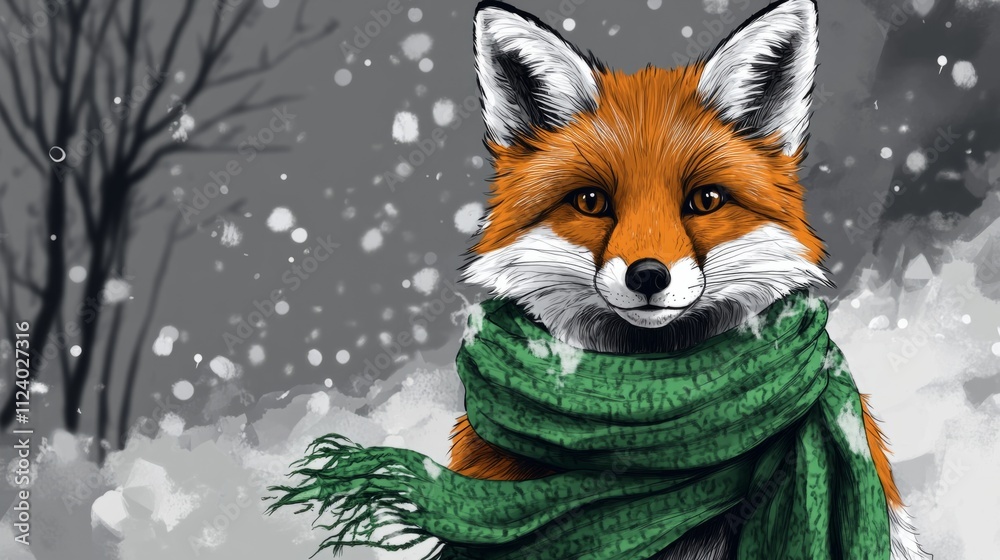 Fototapeta premium Black and white illustration of a curious fox with green scarf generative ai