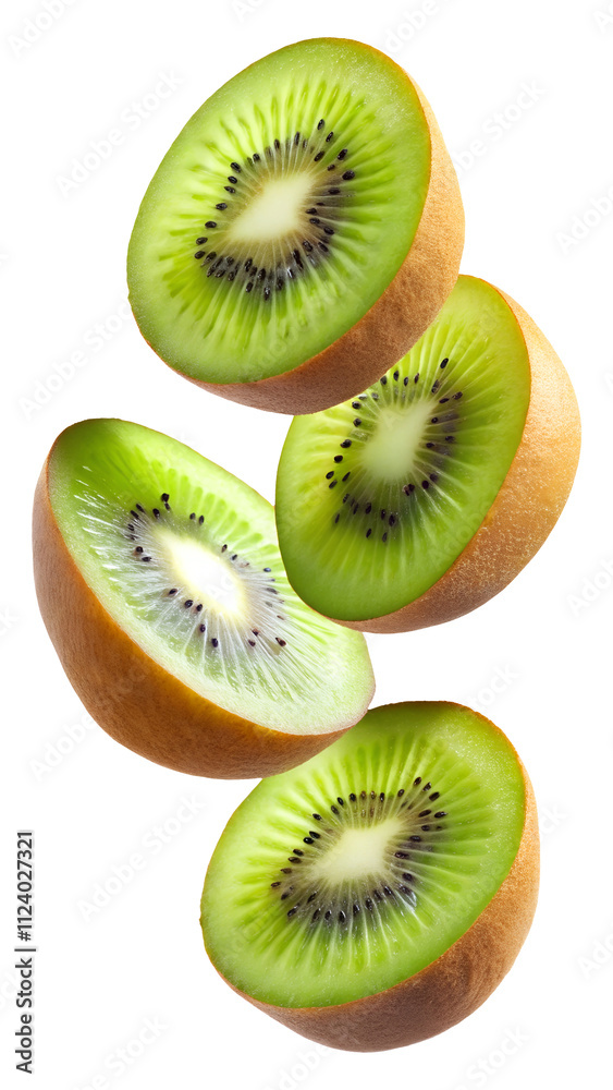 Fototapeta premium flying kiwi and half slices isolated on transparent white background, clipping path