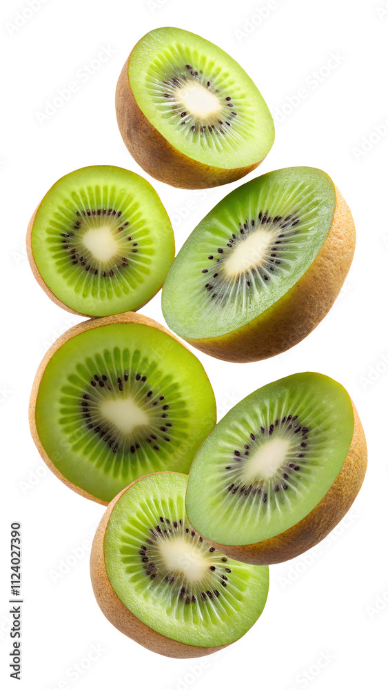 Fototapeta premium flying kiwi and half slices isolated on transparent white background, clipping path