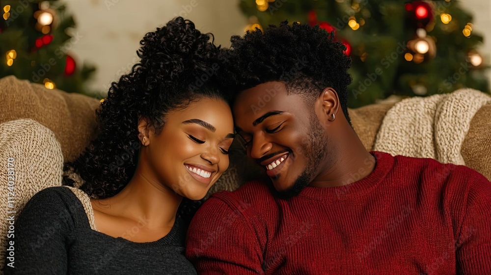 Fototapeta premium Joyful couple share a warm moment by the holiday decorations, radiating love and happiness.