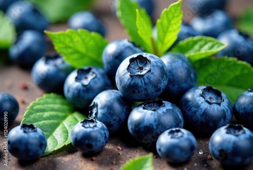 Blueberries Aerial View, Lush Leaves, High-Quality Photo, Food Photography, Fresh Berries