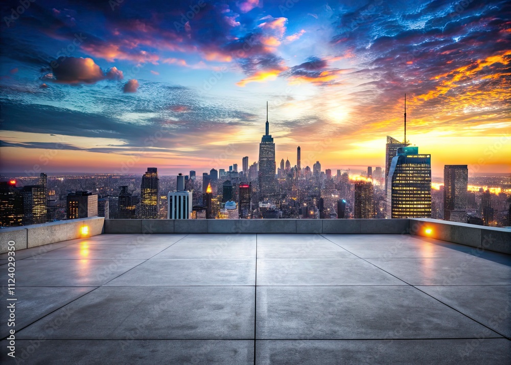 Obraz premium Empty Rooftop Manhattan Skyline Evening Photography - Urban Exploration, Concrete, Cityscape
