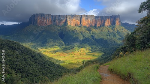 Majestic table mountain surrounded by lush greenery and a scenic pathway.